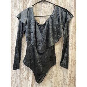 Wet Seal Steel Blue Velvet Textured Bodysuit -L Off The Shoulder Y2K/Whimsigoth